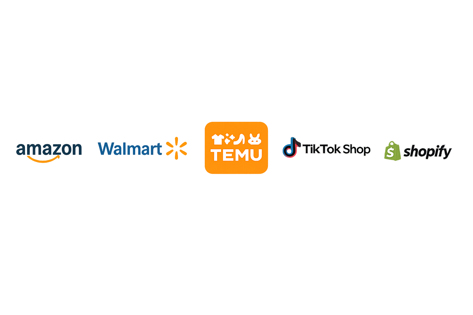 Amazon, Walmart, Temu, TikTok Shop, and Shopify logos
